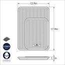 Dimensions for  Nordic Ware natural aluminum baking sheet set with one half sheet and one quarter sheet, both featuring a prism grid pattern, shown on a white background.