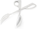 Stainless steel salad tongs with one spoon side and one fork side, shown on a white background.