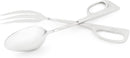 Stainless steel salad tongs with one spoon side and one fork side, shown on a white background.