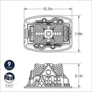 Dimensions for Nordic Ware silver gingerbread house Bundt pan with detailed holiday-themed mold on a white background.