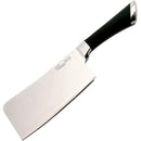 Heavy duty meat cleaver, large stainless steel blade, black ergonomic handle, professional kitchen chopping knife.