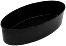 A black, heavy-duty non-stick oval challah pan, shown from an angle to highlight its shape and smooth finish.
