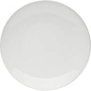 A plain round white bone china dinner plate, appearing clean and glossy against a light background.