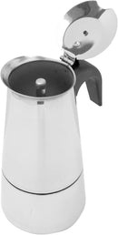 Home Basics 6-cup stainless steel stovetop espresso maker with a sleek, polished finish, shown on a white background.