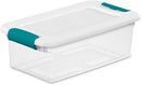 Sterilite 6-quart clear plastic storage box with white snap-on latching lid shown on a white background.