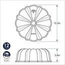 Dimensions for Nordic Ware toffee-colored classic Bundt pan with fluted edges and a center tube on a white background.