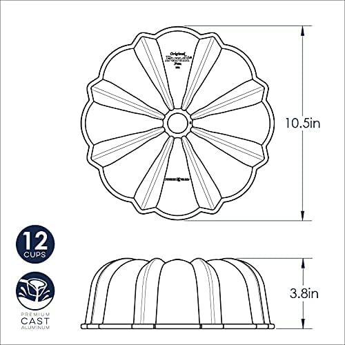 Dimensions for Nordic Ware toffee-colored classic Bundt pan with fluted edges and a center tube on a white background.