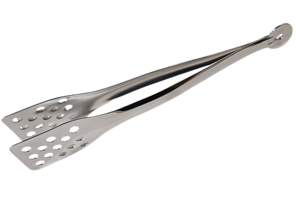 Polished stainless steel serving tongs with flat, perforated ends and a hanging keyhole, displayed on a white background.