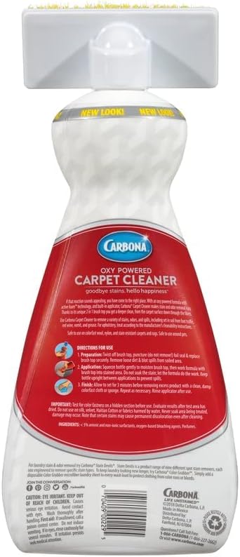 Carbona 2-in-1 Carpet Cleaner bottle with built-in brush cap and blue label, shown on a white background.