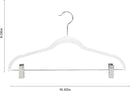 white velvet hanger with built-in clips, on a white background.