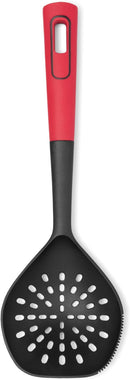 Red Starfrit nylon skimmer with serrated edge and slotted head displayed on a white background.