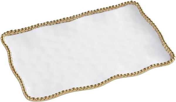 Pampa Bay White Ceramic Rectangular Serving Plate with Gold Beads