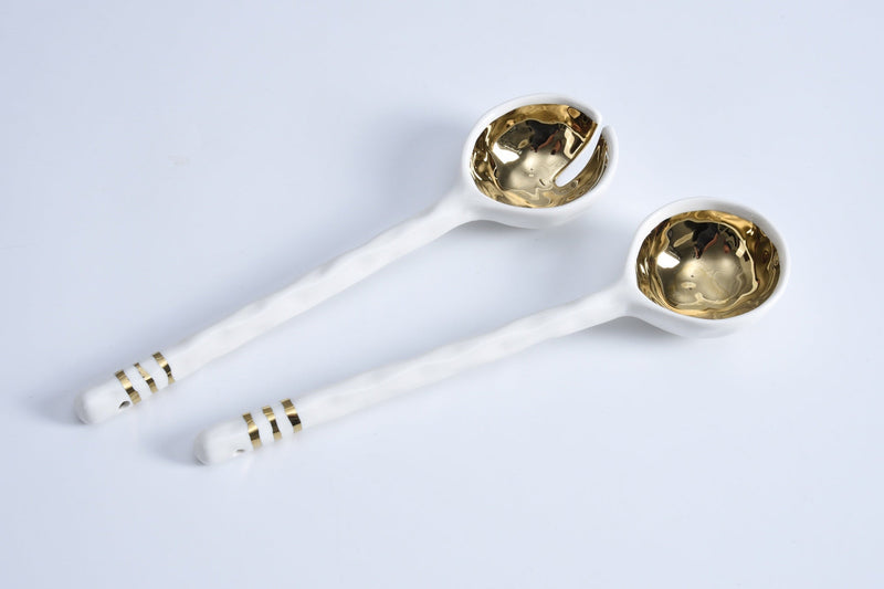 White and Gold Ceramic Salad Server Set