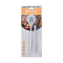  A "allrecipes" brand digital meat thermometer packaged in a clear blister pack. The thermometer has a white body and a long clear probe, displaying "160.5 F" on its digital screen. 