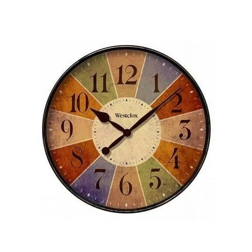 Westclox vintage-style wall clock with a multicolored distressed background, bold black numerals, and black hour and minute hands. The clock face is divided into color sections, giving it a rustic and antique aesthetic.