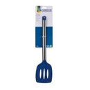 Slotted spatula with a blue silicone head and a silver stainless steel handle, attached to a product card.