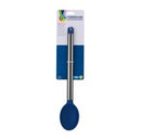 Blue silicone serving spoon by Farberware, featuring a durable stainless steel handle, shown attached to its retail card.
