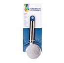 Farberware pizza cutter with a stainless steel blade and blue-accented handle, displayed on a white background.