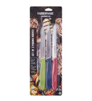 A packaged set of three Farberware paring knives marketed for barbecue use, showcasing their stainless steel construction and vibrant green, blue, and red handles for easy identification during food prep.
