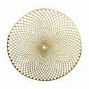 A round, gold-colored placemat with an intricate, laser-cut spiral diamond mesh pattern radiating from the center.