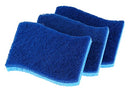 A stacked pile of three rectangular, dual-sided cleaning sponges. Each sponge has a light blue absorbent cellulose side and a dark blue non-scratch scouring pad side.