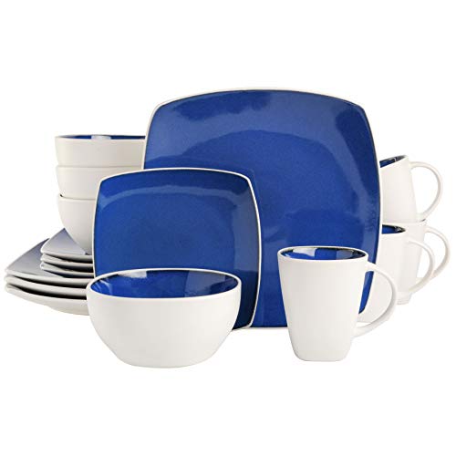 Gibson Soho Lounge Square Reactive Glaze Stoneware Dinnerware Set, Service for 4 (16pc), Blue/White