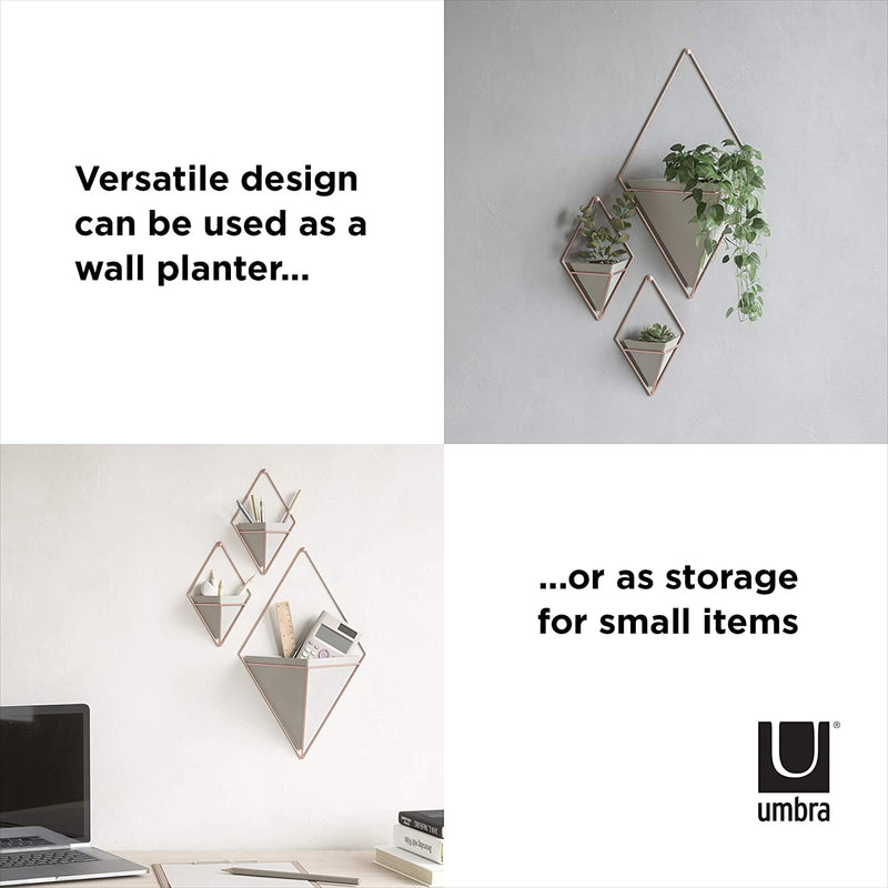 Umbra Trigg Hanging Planter Vase & Geometric Wall Decor Ceramic, Great For Succulent Plants, Concrete/Copper