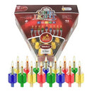 A medium-sized glass Hanukkah oil cup candle pre-filled with bright green oil, featuring a brass wick holder and a lit wick.