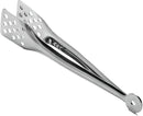 Polished stainless steel serving tongs with flat, perforated ends and a hanging keyhole.