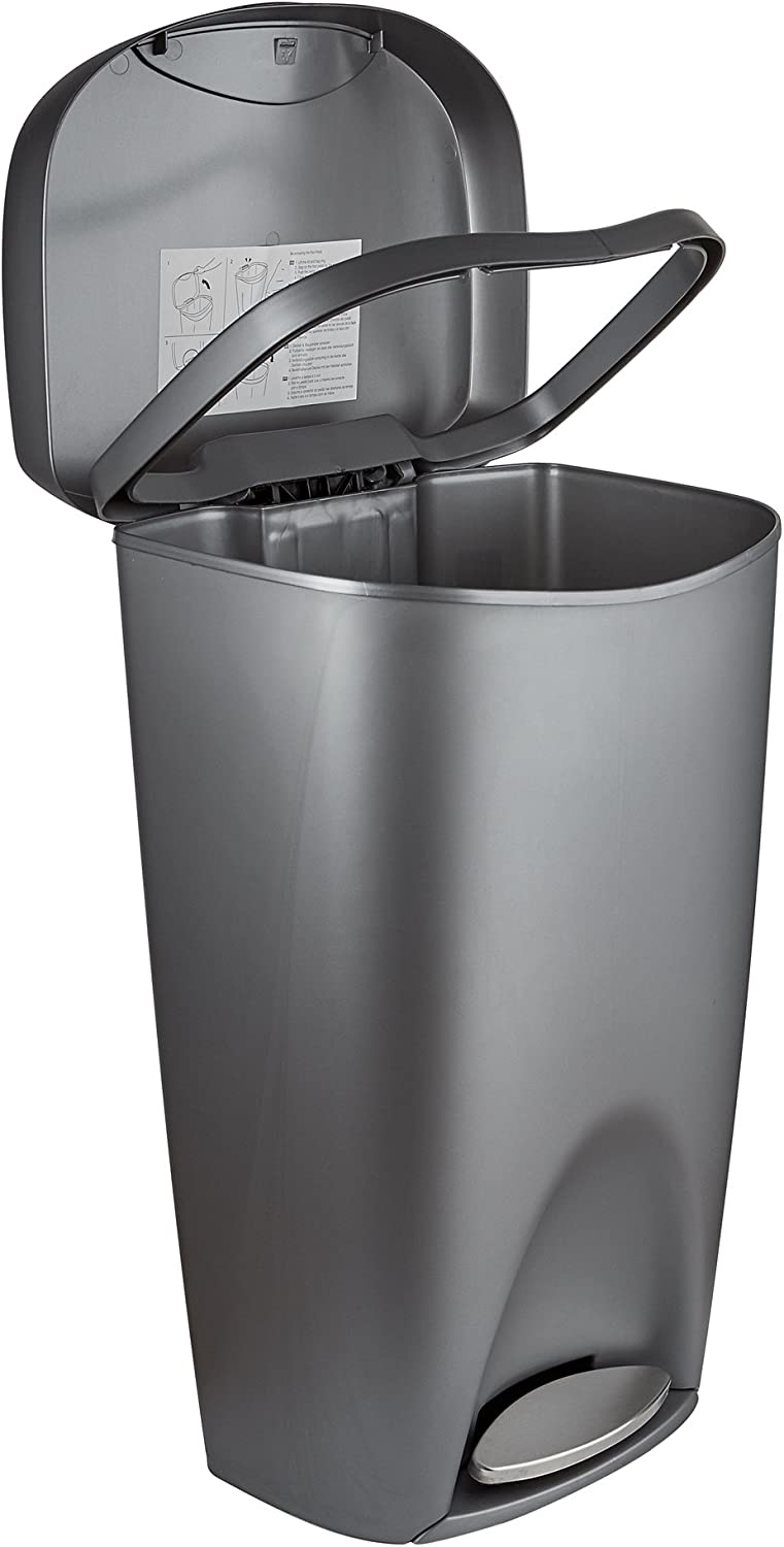 Umbra Brim Large Kitchen Trash Can with Stainless Steel Foot Pedal Stylish and Durable 13 Gallon Step Garbage Can with Lid, Silver/Nickel