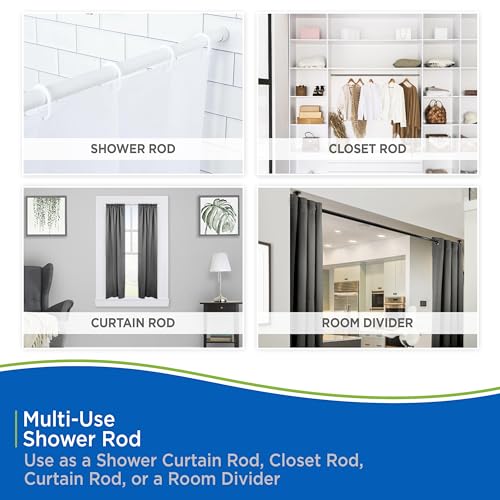 Kenney KN609L/1 Twist & Fit No Tools Spring Tension Standard Shower Curtain Rod with Non-Slip, Non-Scratch Ends, 42-72" Adjustable Length, Easy Install, White, 1" Diameter Rust Resistant Steel Tube