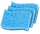 A stacked pile of three rectangular, dual-sided cleaning sponges. Each sponge has a light blue absorbent cellulose side and a dark blue non-scratch scouring pad side.