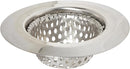 A large, polished stainless steel kitchen sink strainer basket with a wide rim and small, perforated drain holes.