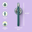 A side view of a teal-colored Chef'n FreshForce Lemon Squeezer, showcasing its ergonomic design with two long handles, and visible chrome-plated metal components at the hinge and pressing mechanism.