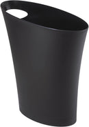 A pair of slim, black, oval-shaped trash cans with a slightly tapered design. Each can has a handle integrated into its top rim, which is cut at an angle.