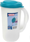 White plastic pitcher with a teal lid, featuring a convenient handle and a 9⅝" (24.4 cm) height, ideal for serving beverages.