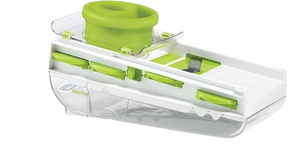 Starfrit Easy Mandoline Slicer with five interchangeable blades, hand guard, and a clear container base shown on a white background.