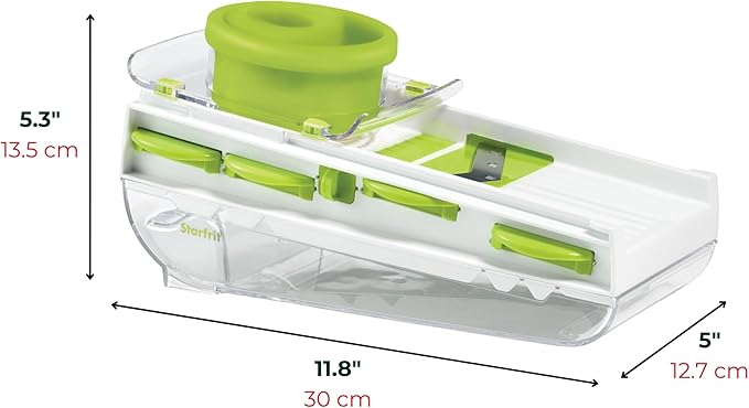 Starfrit Easy Mandoline Slicer with five interchangeable blades, hand guard, and a clear container base shown on a white background.