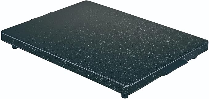Rectangular black enamel Shabbat hot plate with a smooth ceramic surface and built-in safety thermostat, measuring 17 by 23 inches.