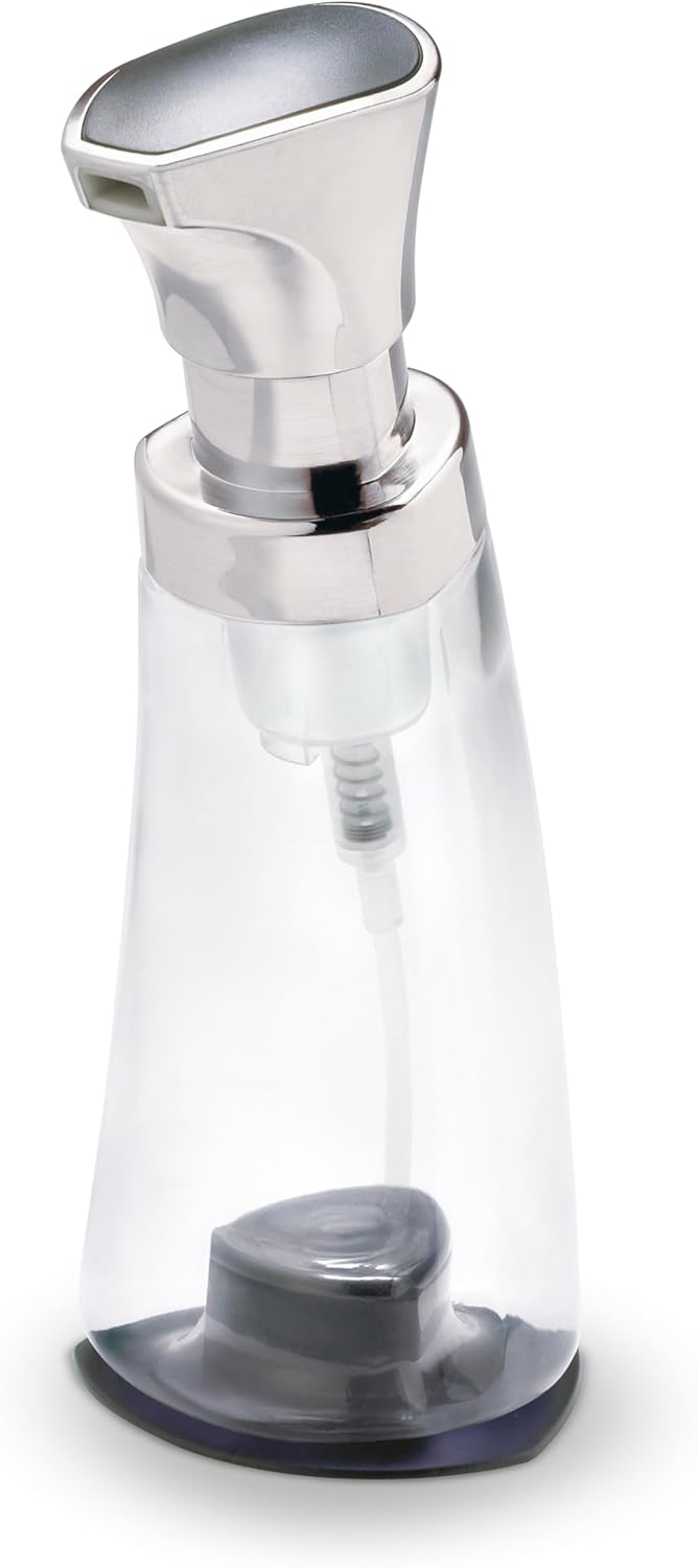 Clear plastic foaming soap dispenser with a silver pump and black suction base.
