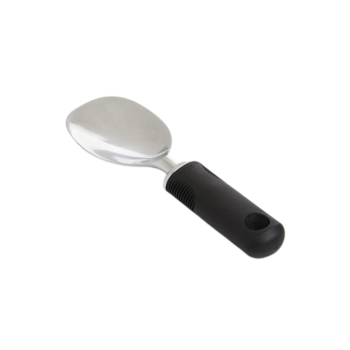 OXO Good Grips Ice Cream Spade with wide aluminum blade and soft black non-slip handle on a white background.
