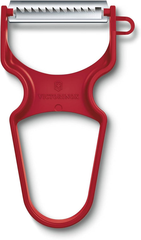 Red Victorinox Rapid Peeler and Shredder with stainless steel blade and built-in bud remover displayed on a white background.