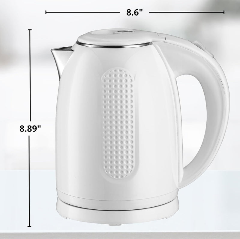 Dimensions for White OVENTE electric kettle with a double-wall design and stainless steel interior, shown on a white background.