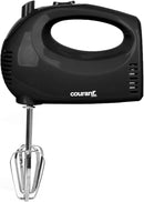 Black electric hand mixer with two chrome beaters, showing its 150 watts of power, 5 variable speed settings with a slide control, and a beater eject button.