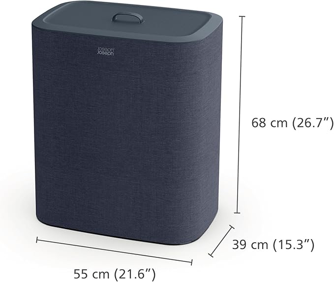 90-liter laundry hamper in black and dark blue with three removable bags and a lid, shown on a white background.