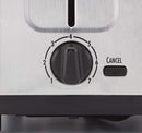 A modern, brushed stainless steel 2-slice toaster with extra-wide slots, holding two bagel halves. The toaster has a black shade selector knob on the front.