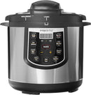 Stainless steel and black electric pressure cooker with a digital control panel.