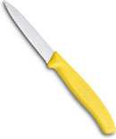 Victorinox 3.25-inch serrated paring knife with yellow handle, displayed diagonally on a white background.