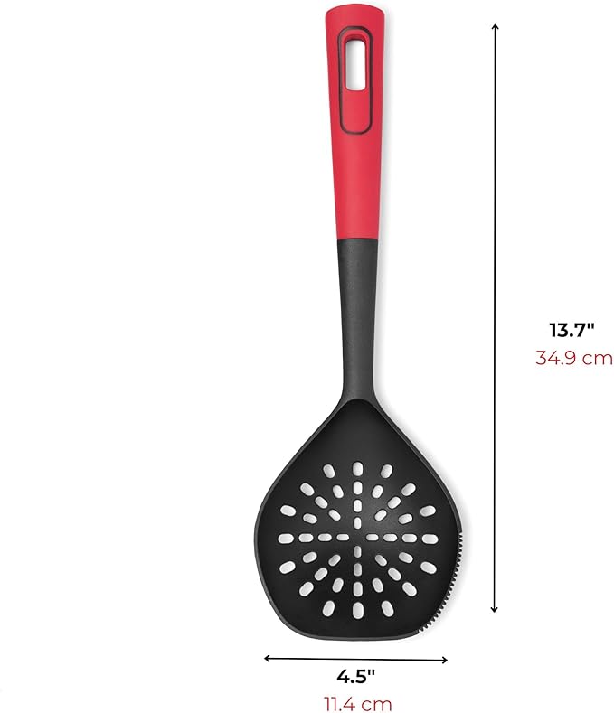 Red Starfrit nylon skimmer with serrated edge and slotted head displayed on a white background.