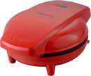 Red compact waffle maker with non-stick cooking plates.